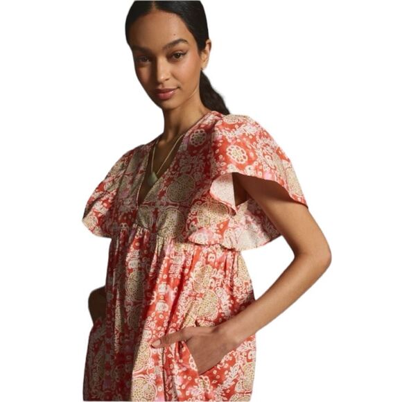Anthropologie Maeve Geometric Short Flutter-Sleeve Babydoll Dress Pink Large NWT - Picture 8 of 15
